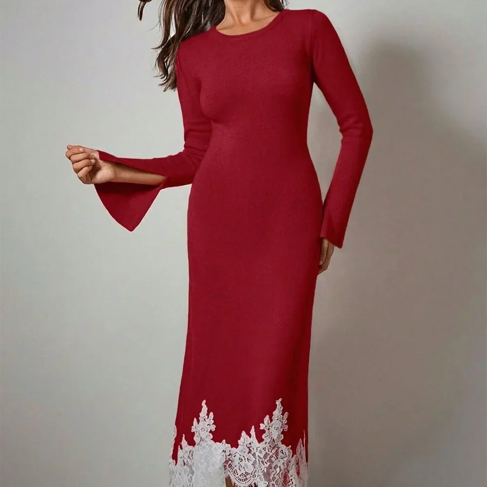 Burgundy Elegant Women's Asymmetrical Flare Sleeve lace detailed Sweater Dress